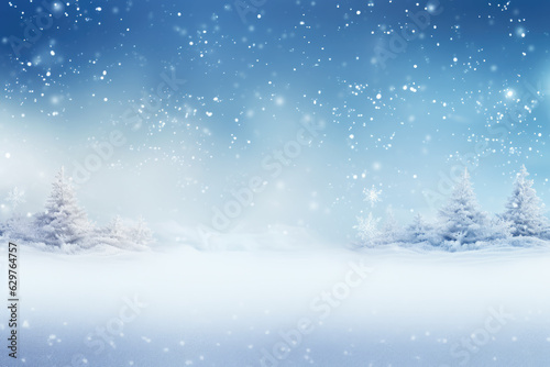 Beautiful Christmas Background with Snow Covered Trees and Snowflakes