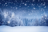 Beautiful Christmas Background with Snow Covered Trees and Snowflakes