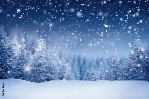 Beautiful Christmas Background with Snow Covered Trees and Snowflakes