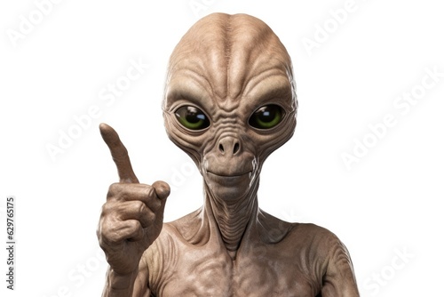 An alien with green eyes giving a thumbs up