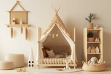 Boho baby room, Scandi style, wooden bed & toys on beige background. Minimalist 3D render. Generative AI