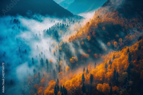 Aerial view of colorful autumn mountains with mist in October. Generative AI