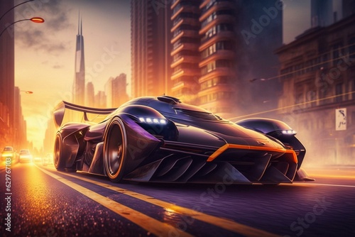 Image of hypercar soaring over the road through city. Generative AI