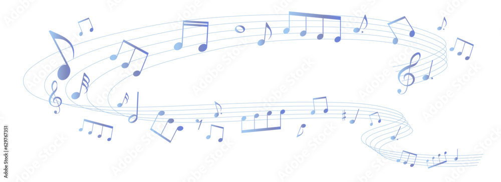遠近感のある楽譜のフレームイラスト　ブルーグレー　五線譜　背景イラスト　音符、休符、音楽記号のイラスト