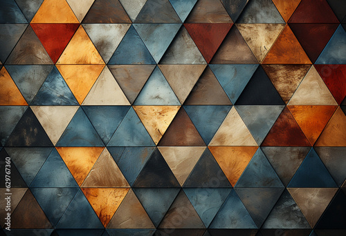 triangle wallpaper vintage blue yellow orange and brown, in the style of digital art techniques, geometric shapes