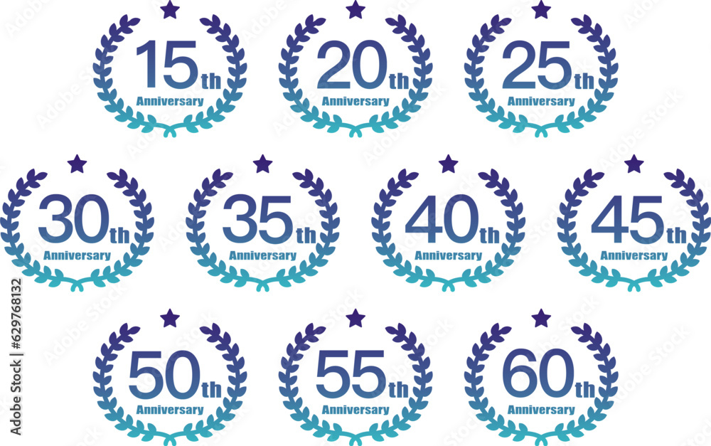 Laurel motif anniversary illustration set / 15th anniversary to 60th anniversary / logo / icon /blue