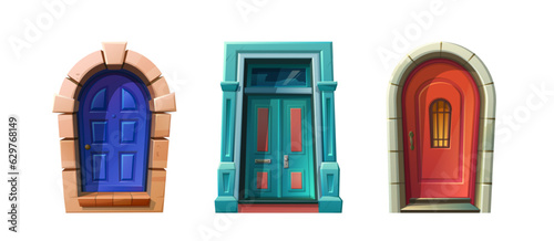 Vector cartoon style illustration. Wooden front doors in blue, red, green, stone arch castle medieval entrance.