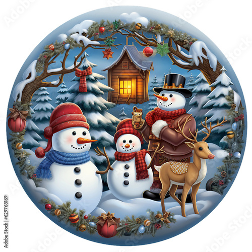 3d snowman family with reindeer and snow covered christmas tree, Christmas round sign sublimation