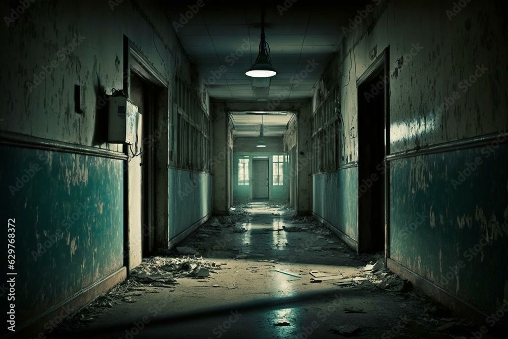 A chilling photograph of a deserted hospital corridor. Generative AI