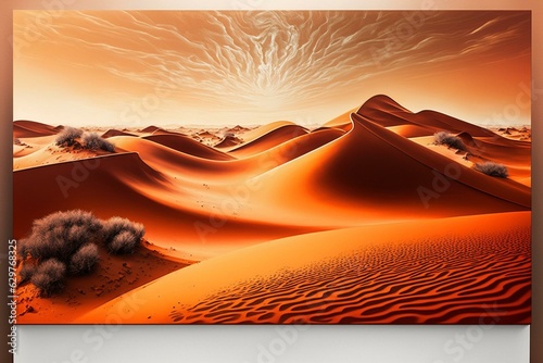 Orange gradient sky and sand dunes make up stunning contemporary desert landscape background. Generative AI