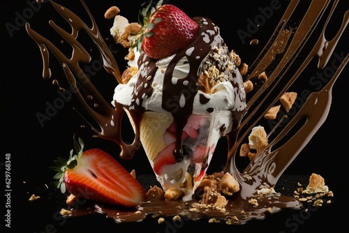 A decadent sundae with chocolate ice cream, fresh strawberries, and nuts on a black background with ice cream falling off. Generative AI photo