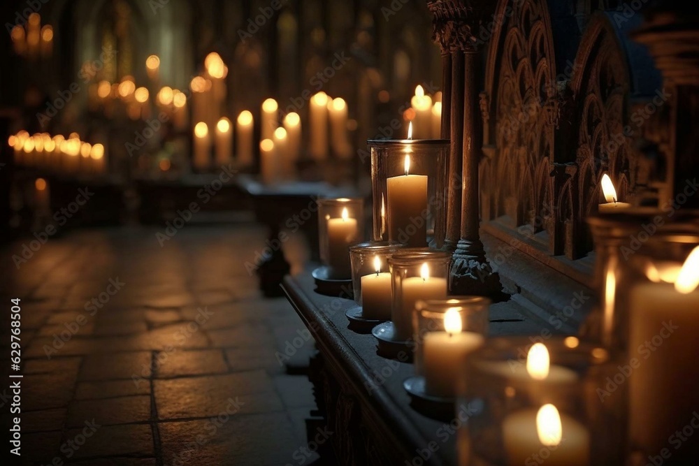 Candles aflame in a church setting. Generative AI