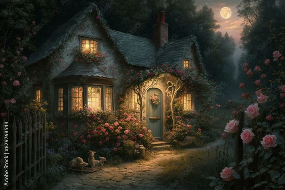 A cozy cottage surrounded by a garden filled with pink roses and flowers, illuminated by a light pole. Generative AI