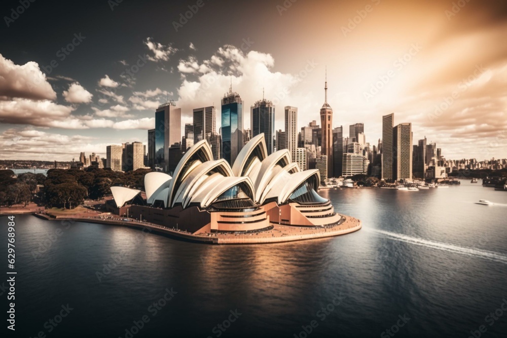 Fototapeta premium Panoramic view of Sydney skyline with iconic Opera House. Generative AI