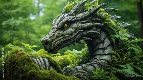A majestic dragon statue surrounded by the enchanting beauty of a lush forest