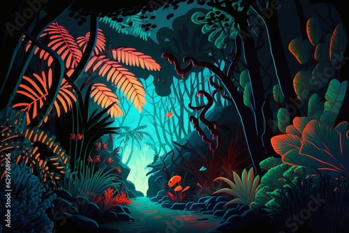 Colorful nocturnal jungle scenery. Generative AI