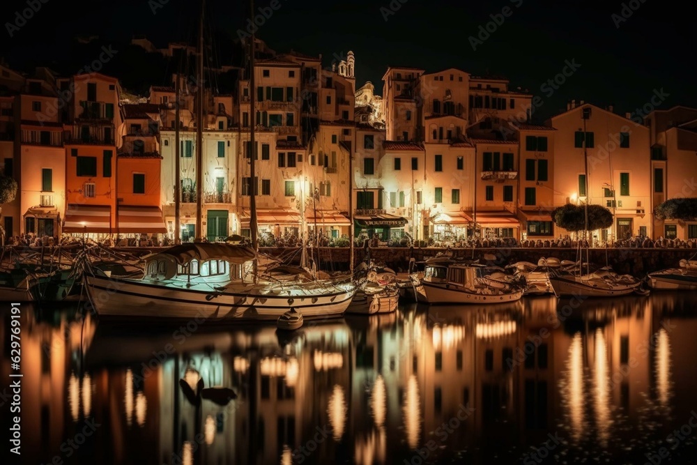 Enchanting harbor view of vibrant houses and docked boats at night illuminated by lanterns in Porto Venero, Liguria, Italy. Generative AI