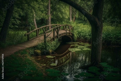 A lovely scene of a wooden bridge amidst lush forest and a small waterway passing beneath it. Generative AI