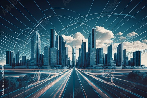 Smart city with IoT and high-speed connectivity  depicted through digital lines  covering urban landscape with blue skies. Generative AI