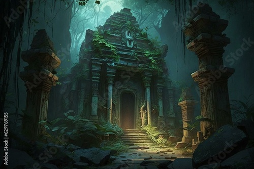 Ancient temple ruins aglow amidst jungle. Generative AI