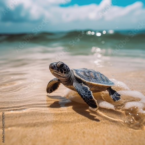A baby turtle hatching and making its way to the ocean © pham