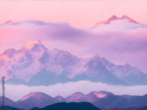 A dreamy pastel color sky with a majestic mountain range