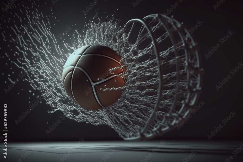 Slow motion top view of a skilled basketball shot spinning into the net. 3D animation showcasing sport concept. Generative AI