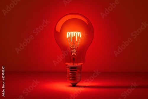 Red light bulb on a red background. Generative AI