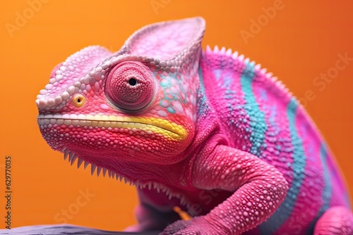 A vibrant chameleon perched on a table
