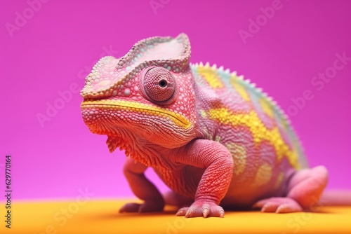 A vibrant chameleon perched on a bright yellow surface