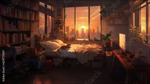 experience the enchantment of a cat on a bed during a soothing sunset in our Lo-Fi Video. Embrace the comfort of a cozy bedroom scene, perfect for immersive vtuber content