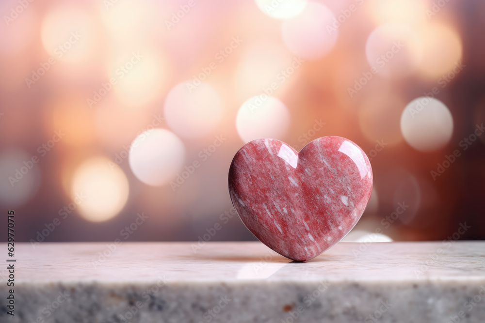 Fototapeta premium Valentine Background with Marble Heart on a Marble Table, Beautiful Bokeh