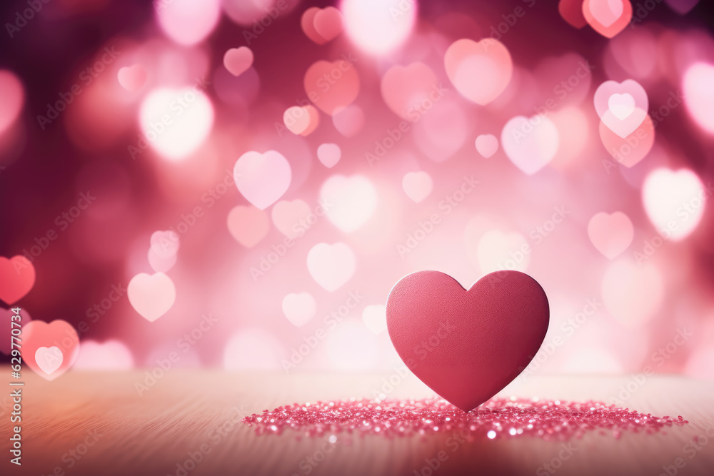 Valentine Background with Beautiful Hearts Bokeh with Empty Wooden Table on a Foreground