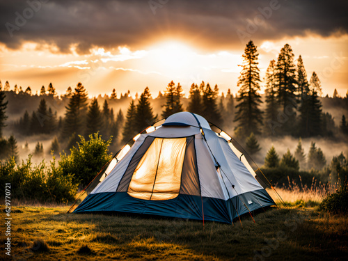 Campsite tent camping, outdoor, golden hour sunrise sunset, forest