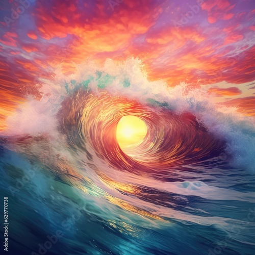 A breathtaking sunset and crashing waves captured in a stunning painting