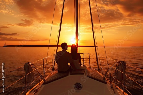 A couple enjoying a romantic sunset sail on a sailboat