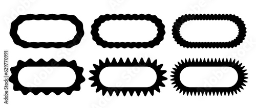 Zig zag edge oval frame collection. Jagged ellipse border elements set. Black graphic design elements for decoration, banner, poster, template, sticker, badge. Vector bundle