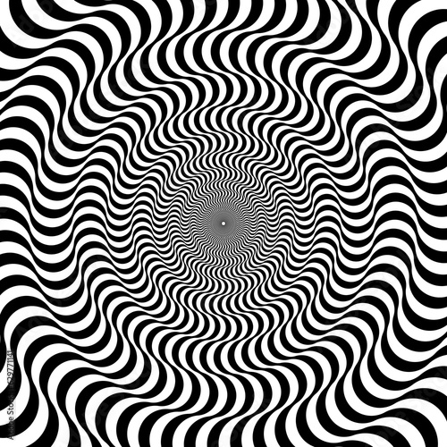 Optical illusion background. Black and white abstract distorted wavy lines surface. Radial waves poster design. Trippy sunburst illusion wallpaper. Vector hypnotic illustration