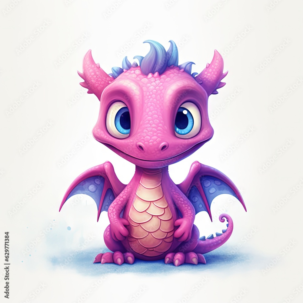 A vibrant pink dragon with mesmerizing blue eyes sitting on the ground