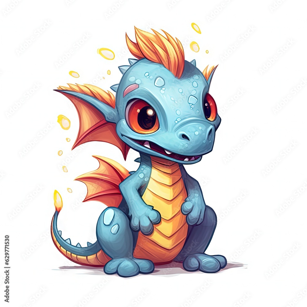 Obraz premium A majestic blue dragon with vibrant orange wings perched gracefully