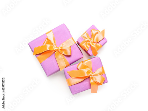 Beautiful gift boxes for Halloween on white background
