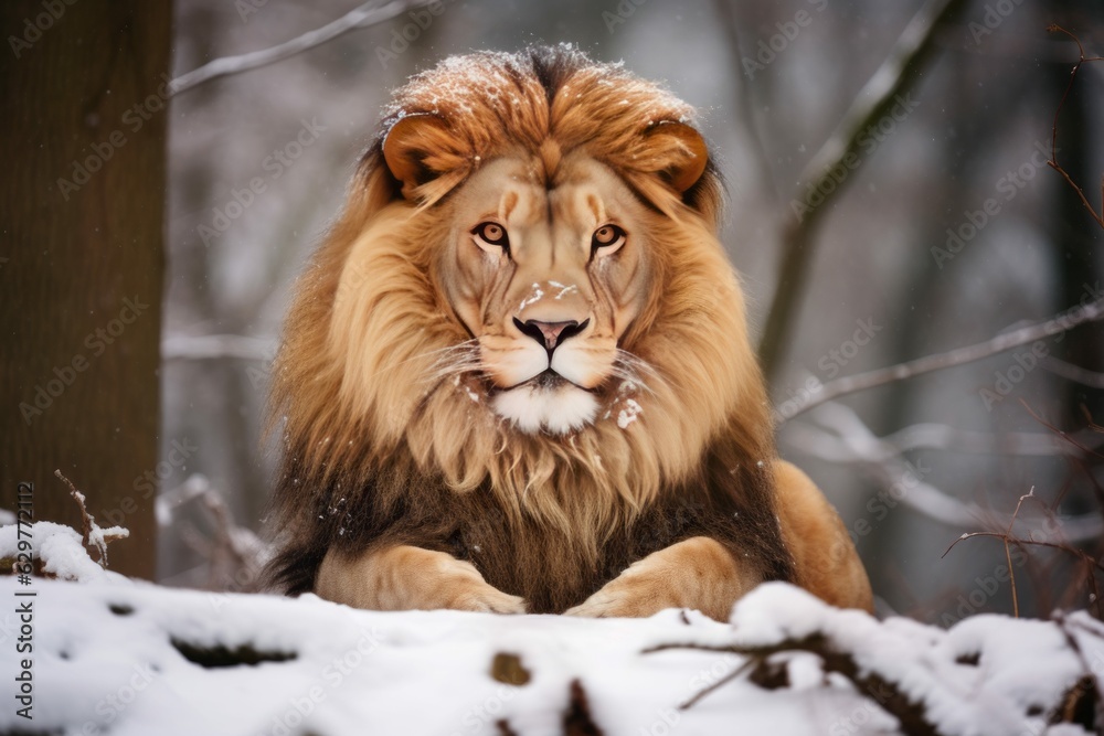 Fototapeta premium Majestic Male Lion Resting in the Snow in Winter