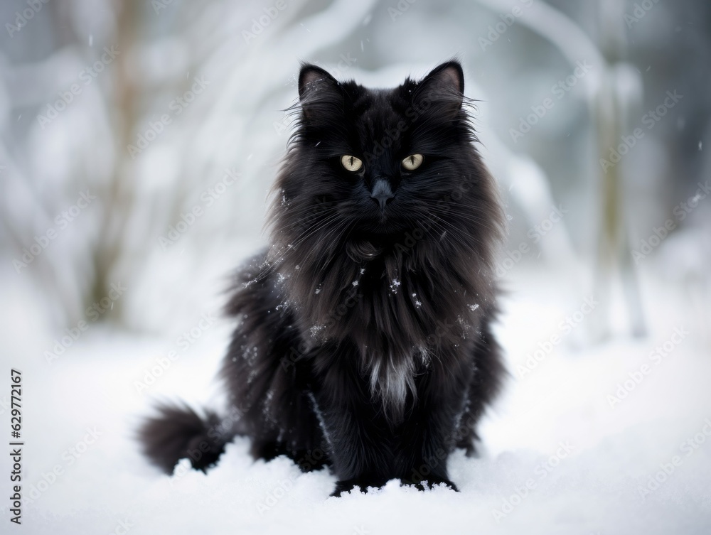 Fluffy Black Cat Sitting Outdoors in the Snow in Winter