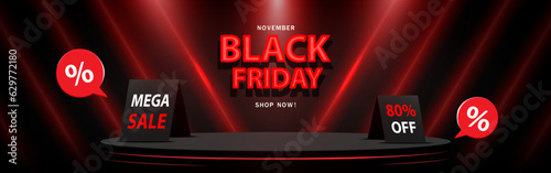 Black Friday Sale concept Stage podium for product display. Modern scene backdrop with Neon light. Vector illustration.
