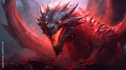 A majestic red dragon with glowing eyes in a mystical forest