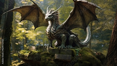 A dragon statue perched on a rocky pedestal © pham