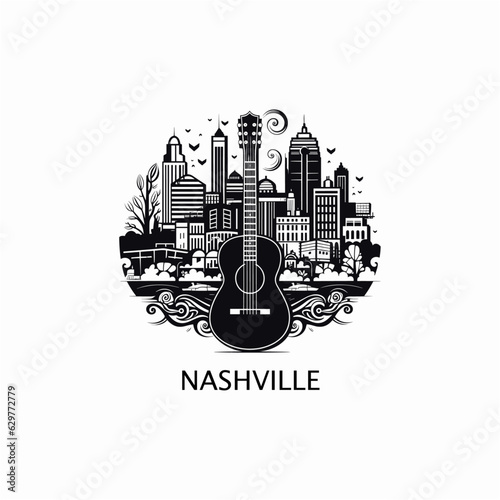 USA United States of America Nashville modern city landscape skyline logo. Panorama vector flat Tennessee icon with abstract shapes of music guitar. AI generative photo