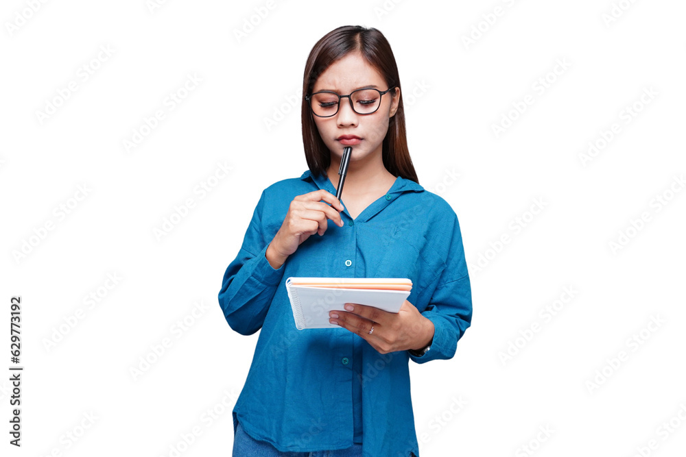 Young female student carrying a book while thinking hard Young female student carrying a book while thinking hard