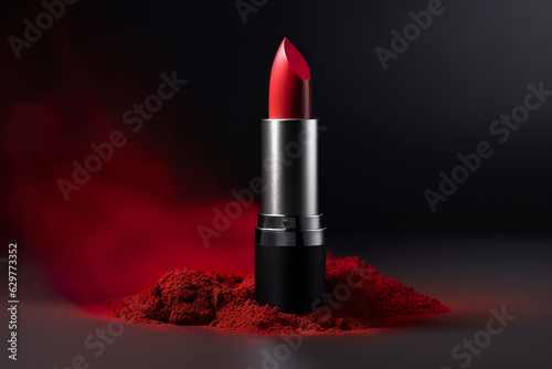 Lipstick on top of red makeup dust epic shot. Beauty concept. Closeup red lipstick on black color. Realistic 3D illustration. Generative AI photo