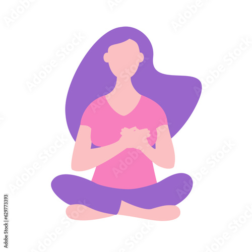 Woman holding chest. Cancer Day. Breast Day. Women's Day. Colored flat vector illustration isolated on white background